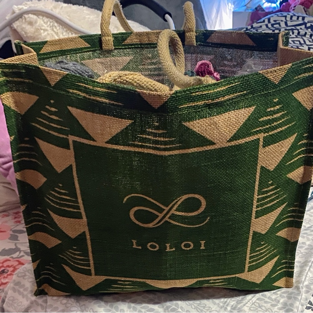 LOLOI Tote Bag Shopper Bag Double Strap Advertising Bag Green EUC
